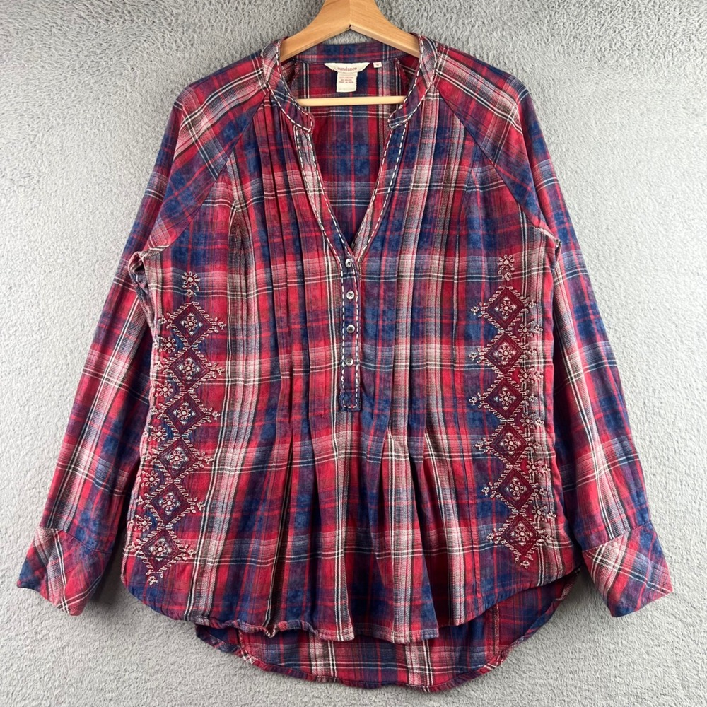 Sundance Red Blue Plaid Embroidered Pintuck Tunic Top Small Cotton Boho Western